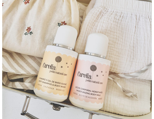 Kit  para viaje bebés y niños con leche corporal hidratante bebé con aloe vera y manteca de karité